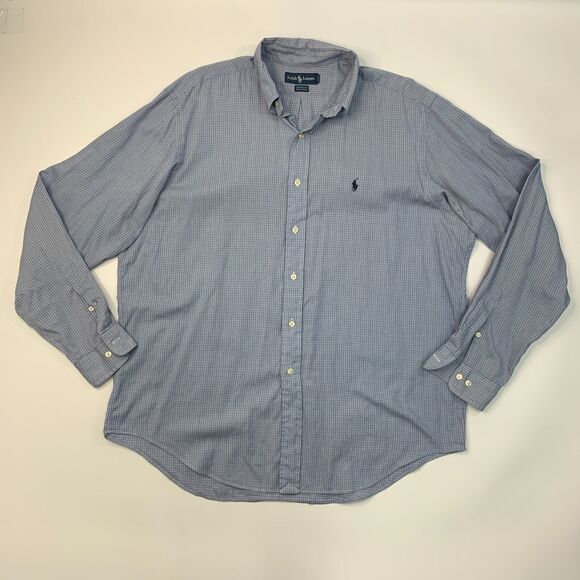 Vintage Ralph Lauren Yarmouth Shirt Mens 16.5 Blue Plaid Cotton Button Down 90s - Picture 2 of 10
